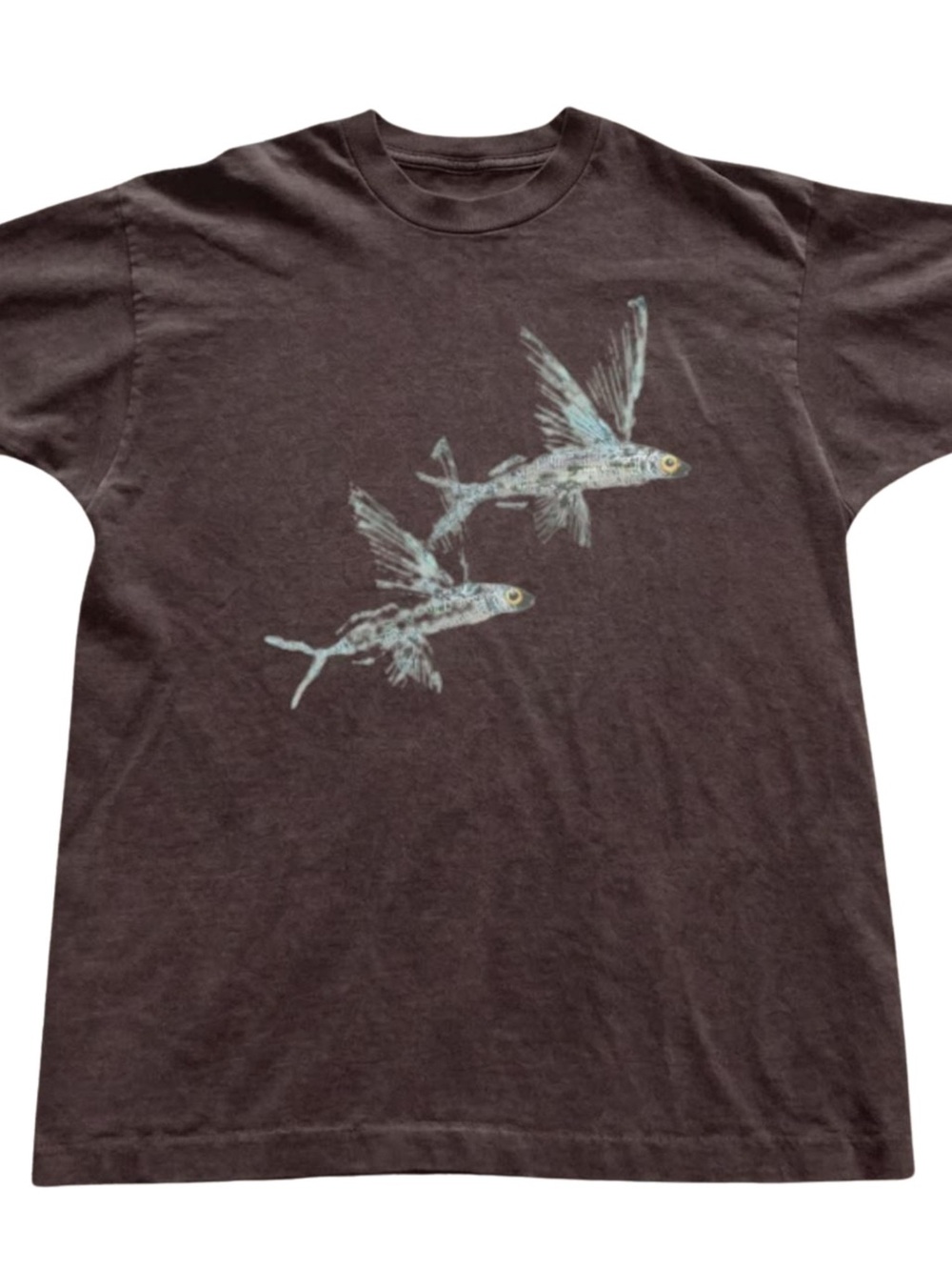 Gildan Brown Tee with Light Blue Flying Fish Graphic, Gift For Her, For Him